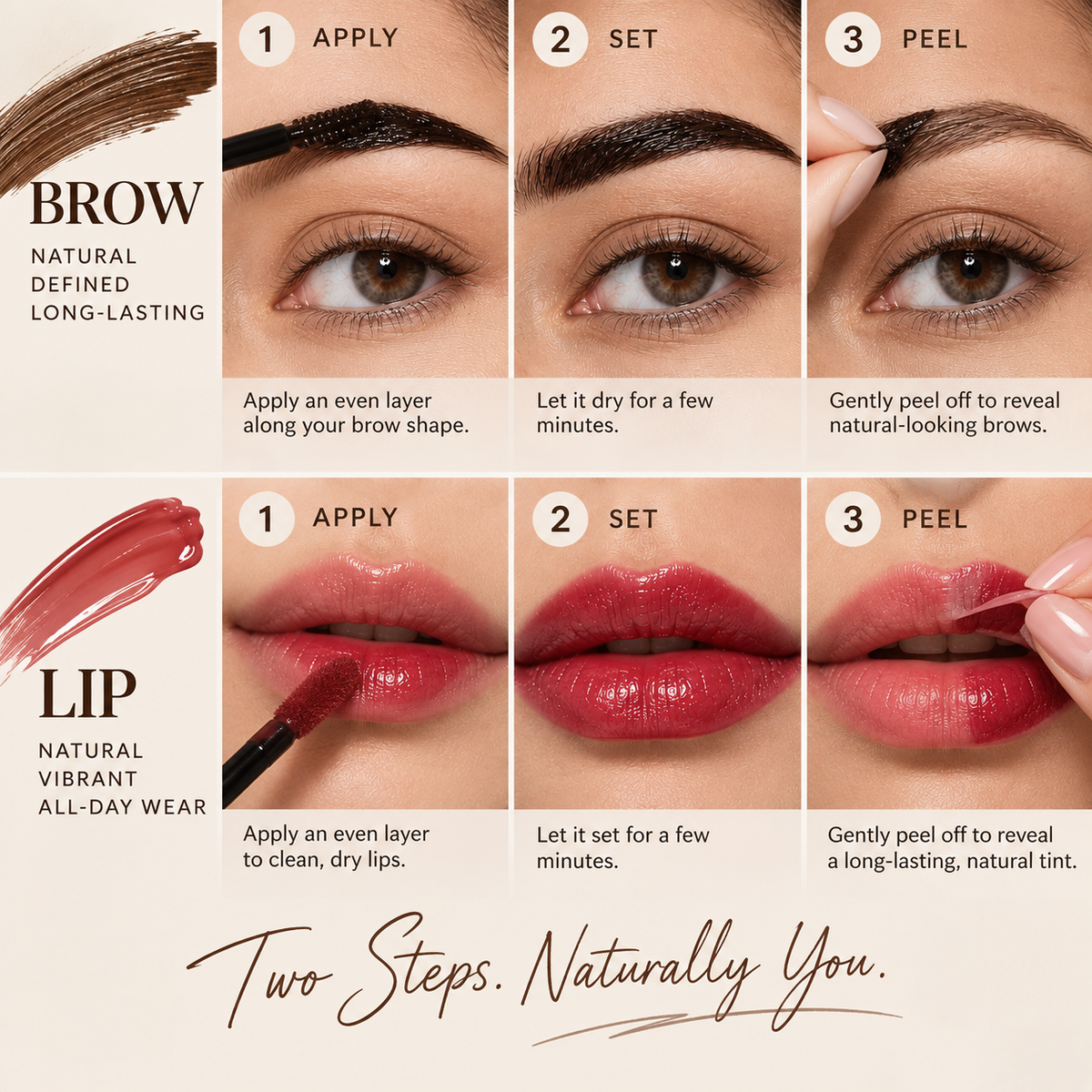 2-in-1 Dual-Ended Peel-Off Brow & Lip Tint Gel — Fluffy Brows & Lasting Lip Color